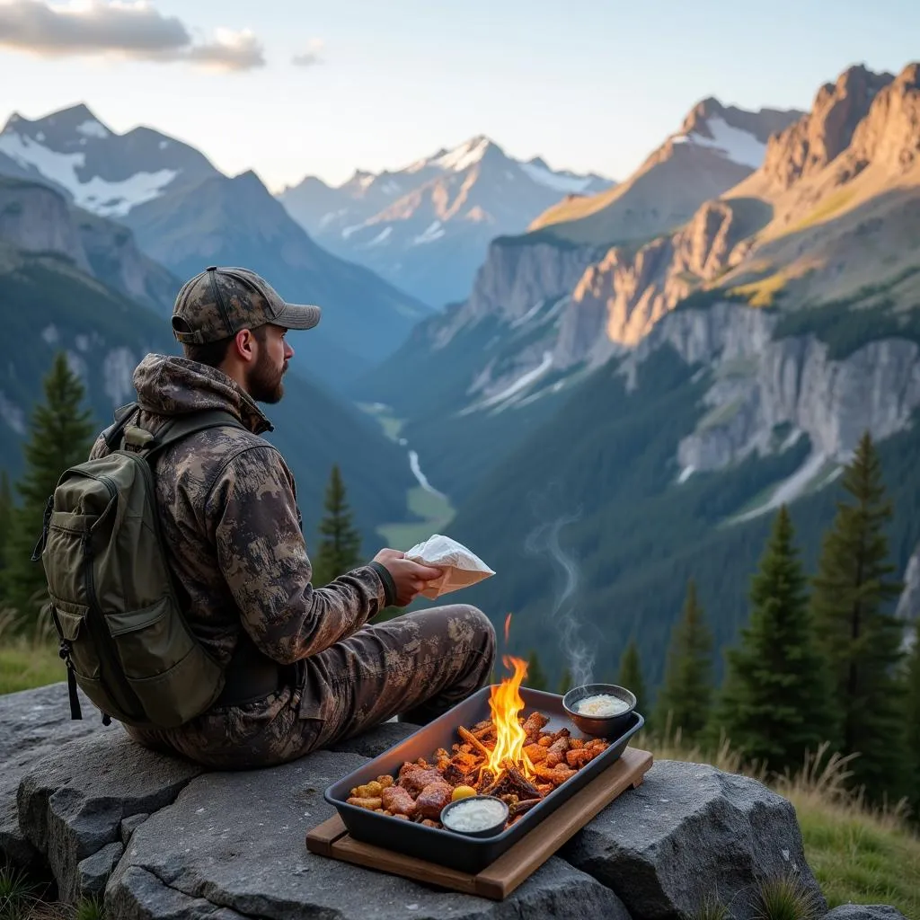 Hunter eating a freeze-dried meal with a scenic mountain view