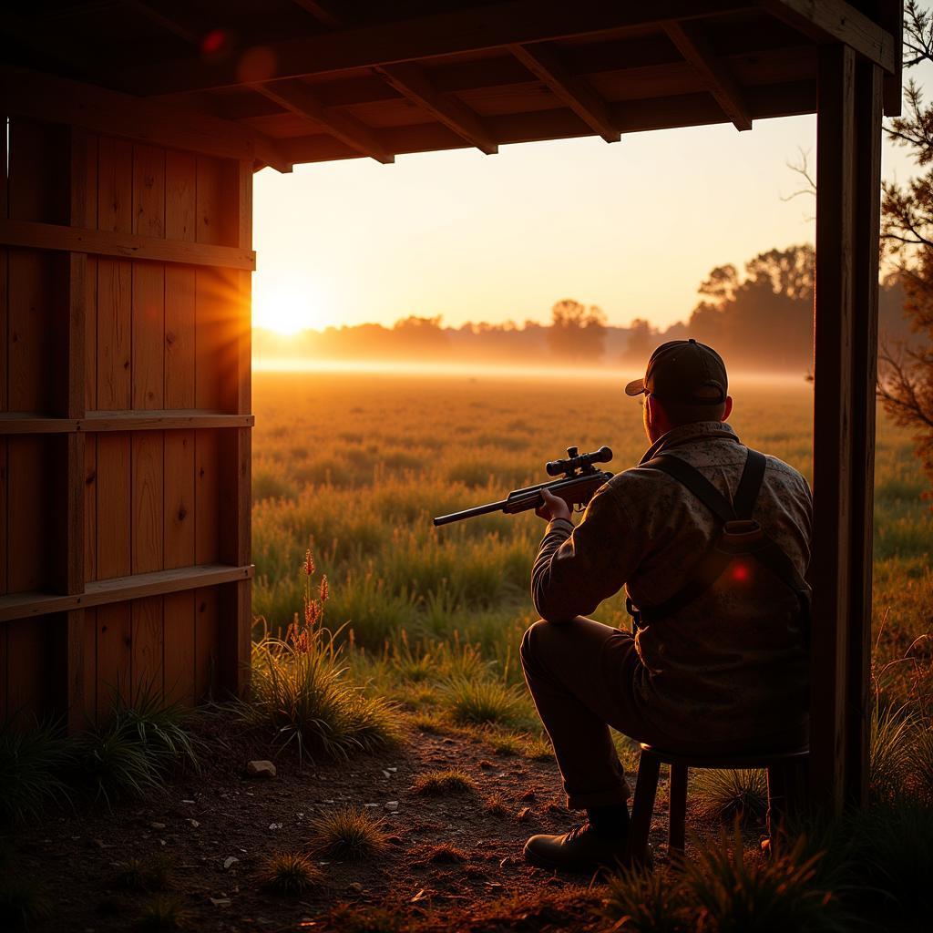 Hunter in a Ground Blind Overlooking an Oat Food Plot