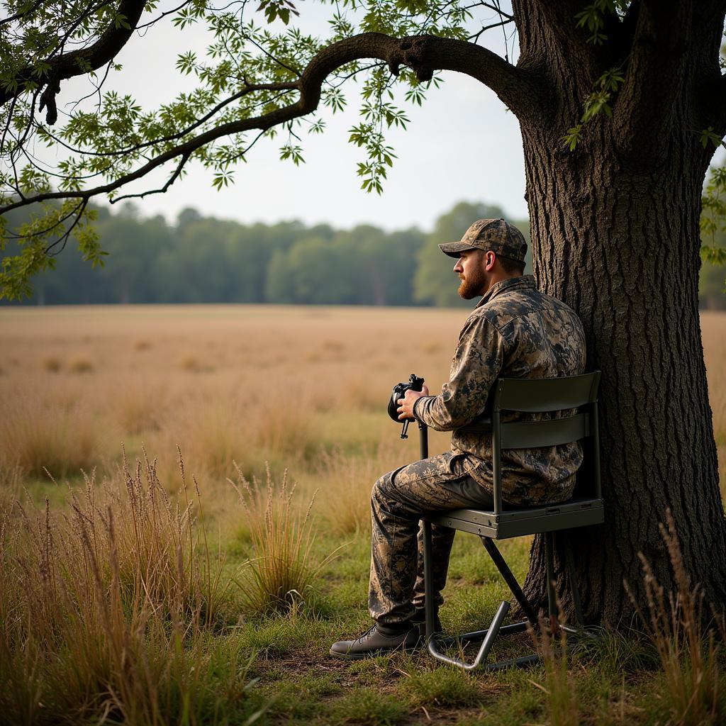 Hunter in Tree Stand Overlooking Food Plot