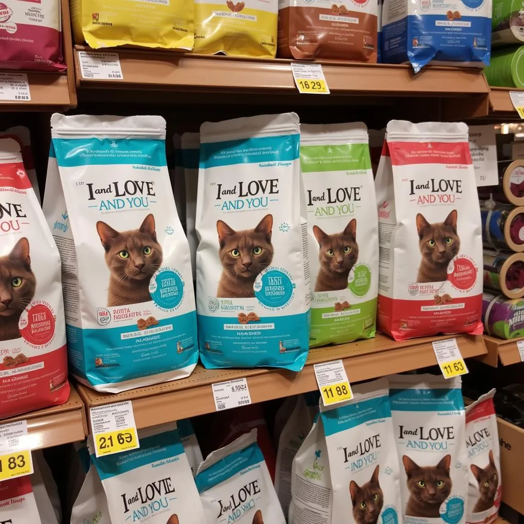 Bags of I and Love and You cat food on a shelf.