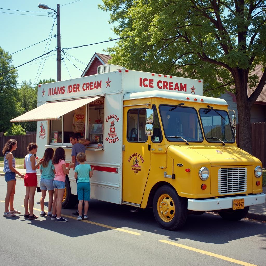 Kids lining up at an ice cream truck on a sunny day