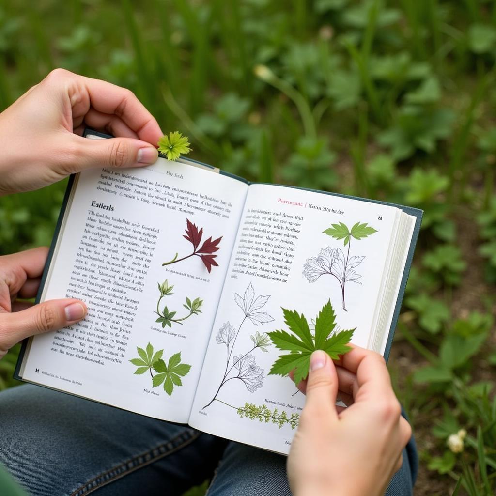 A person identifying edible plants with a guidebook