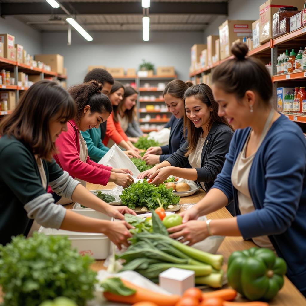 Volunteers at the Iglesia Cristiana Avivamiento food pantry organize and prepare food bags for distribution.