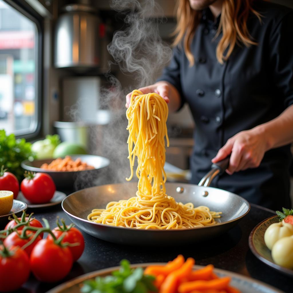 Chef preparing pasta in an impasas food truck