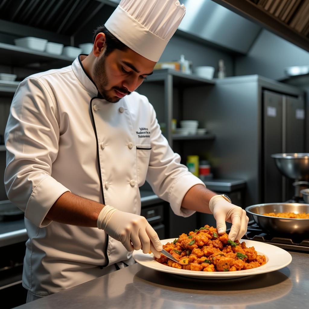 An Indian chef expertly prepares a kosher meal in a restaurant kitchen