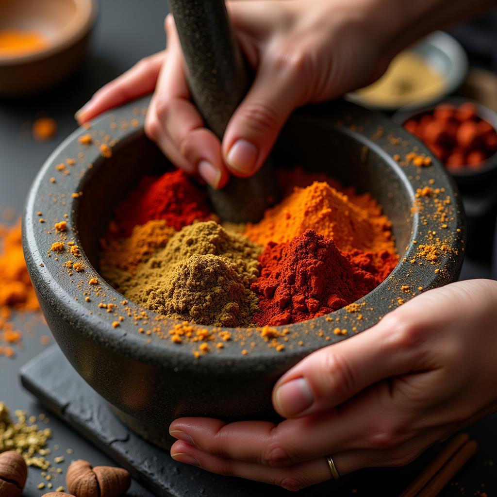 A mortar and pestle, used for grinding spices.