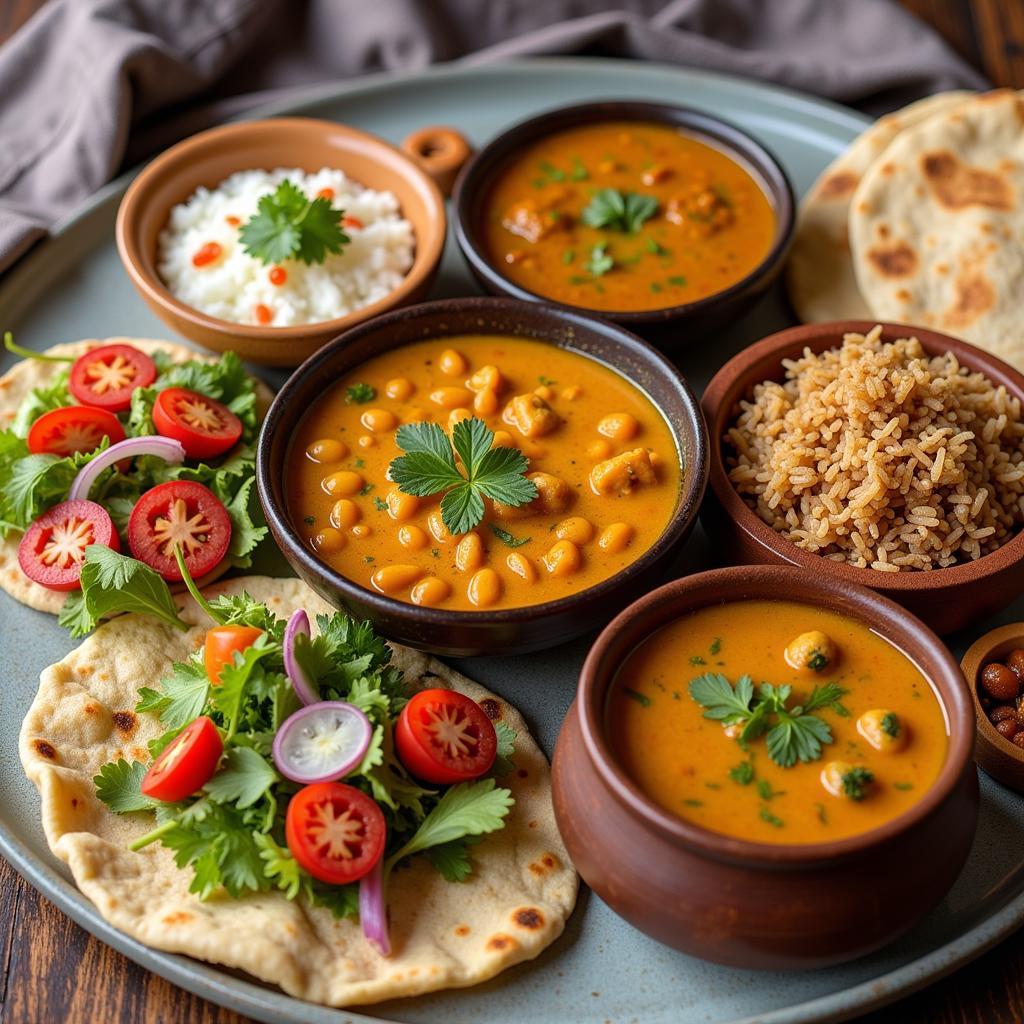 Indian food platter with lentils, vegetables, and rice