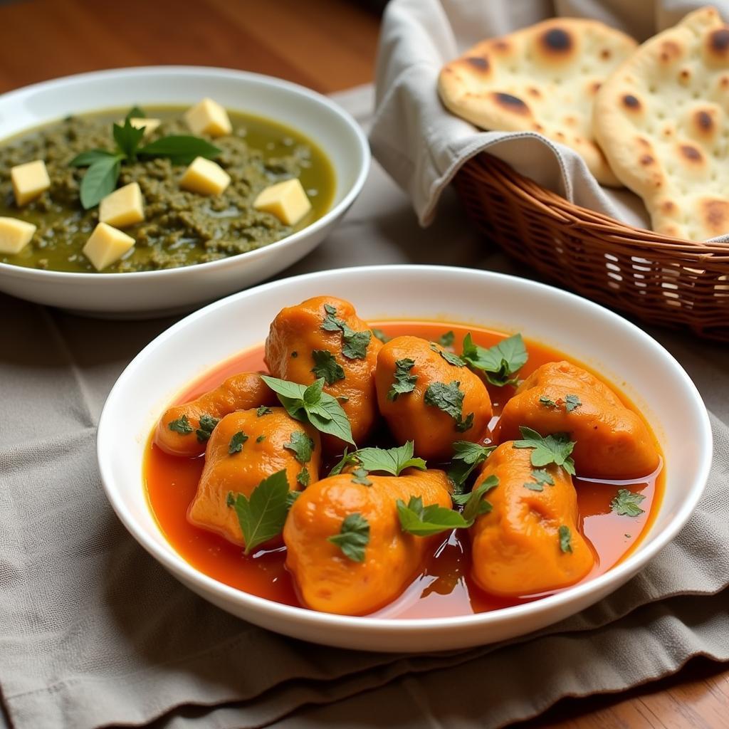 Close-up shot of steaming bowls of butter chicken and saag paneer served with naan bread.