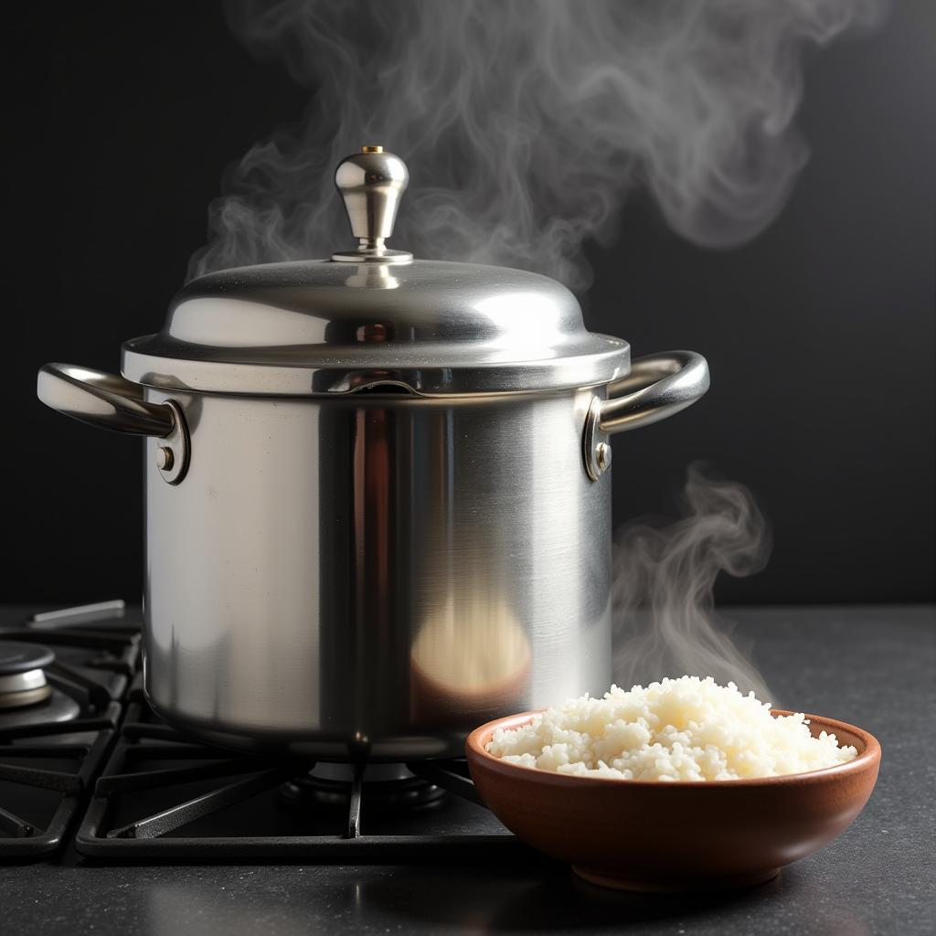 A pressure cooker, used for cooking lentils, beans, and rice.