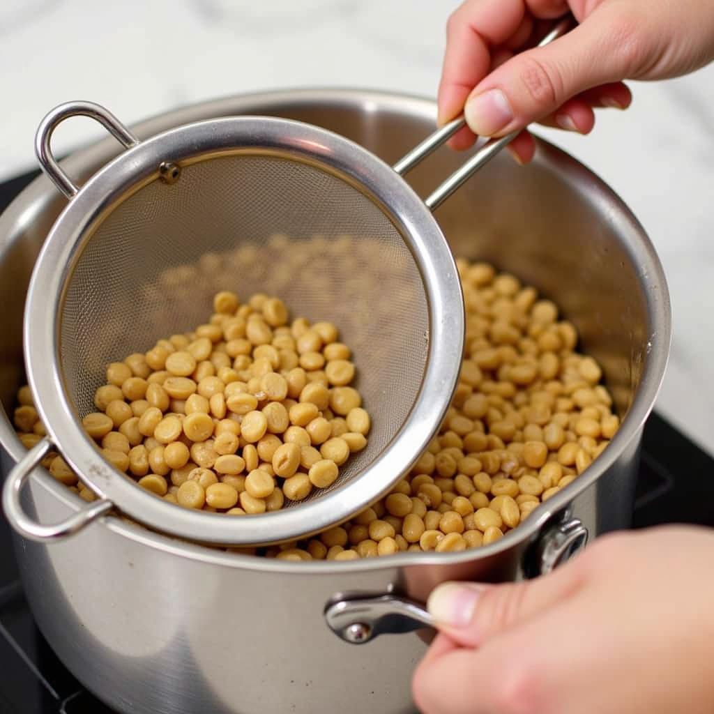 A fine-mesh strainer, used for straining sauces, lentils, and rice.