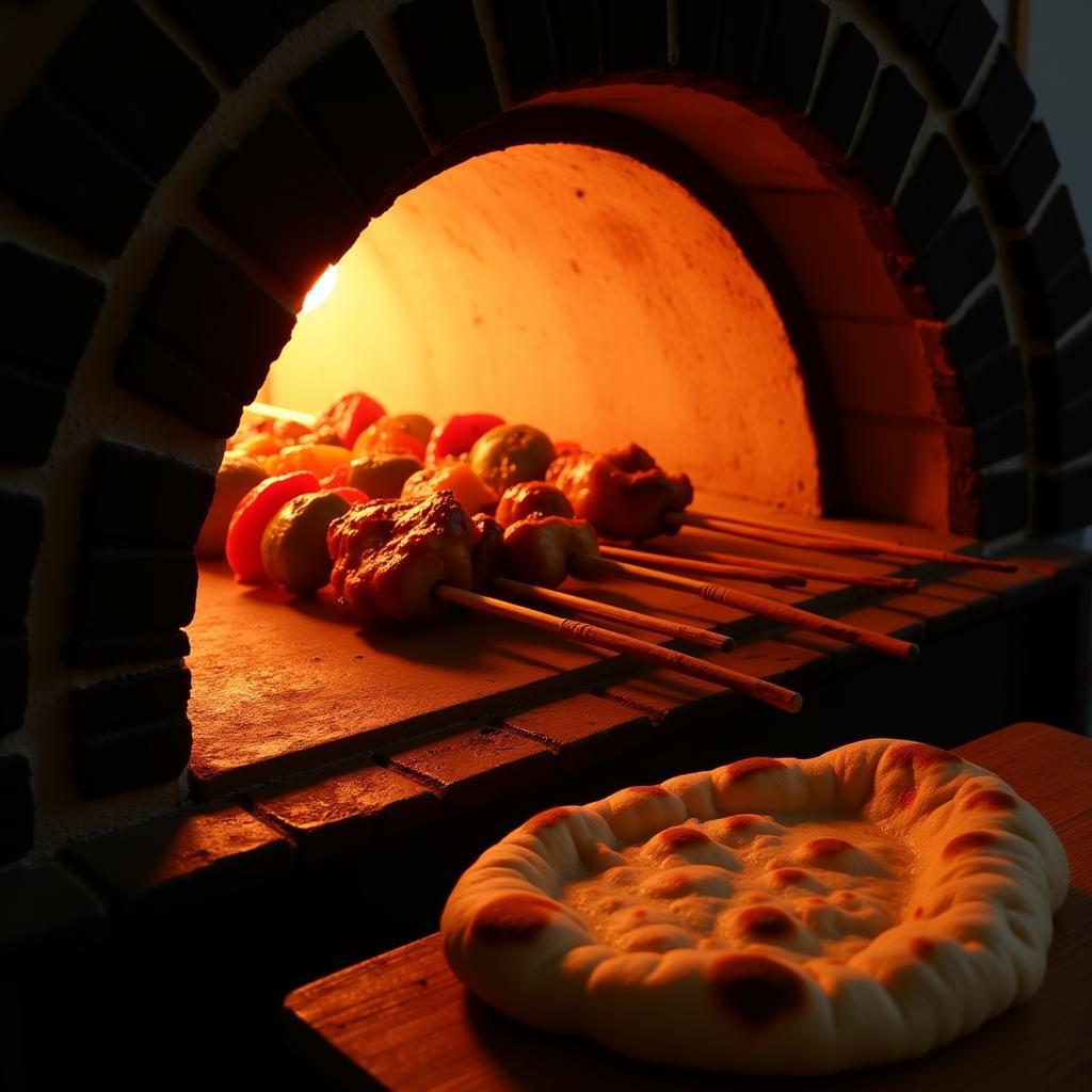 A traditional tandoor oven, used for cooking naan, kebabs, and tandoori chicken.