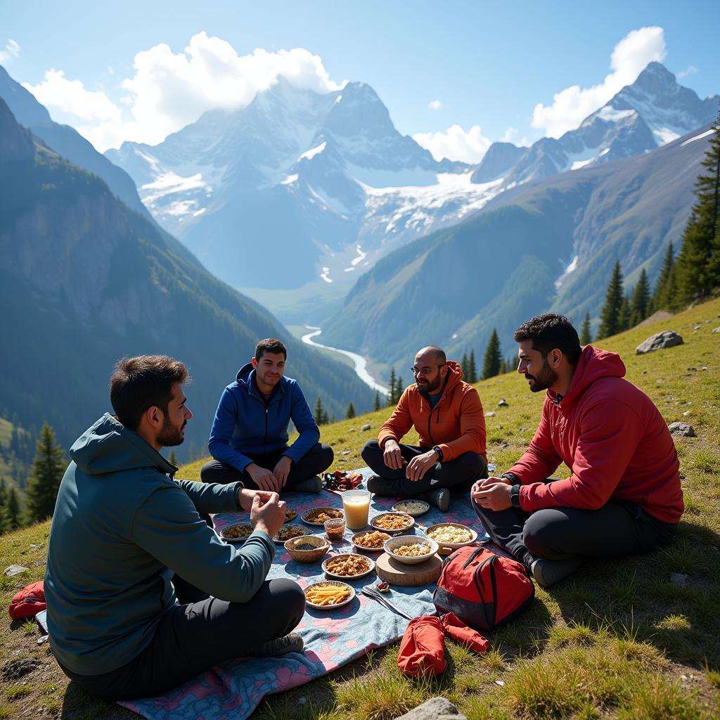 Indian hikers enjoying freeze-dried meals during a trek in the Himalayas