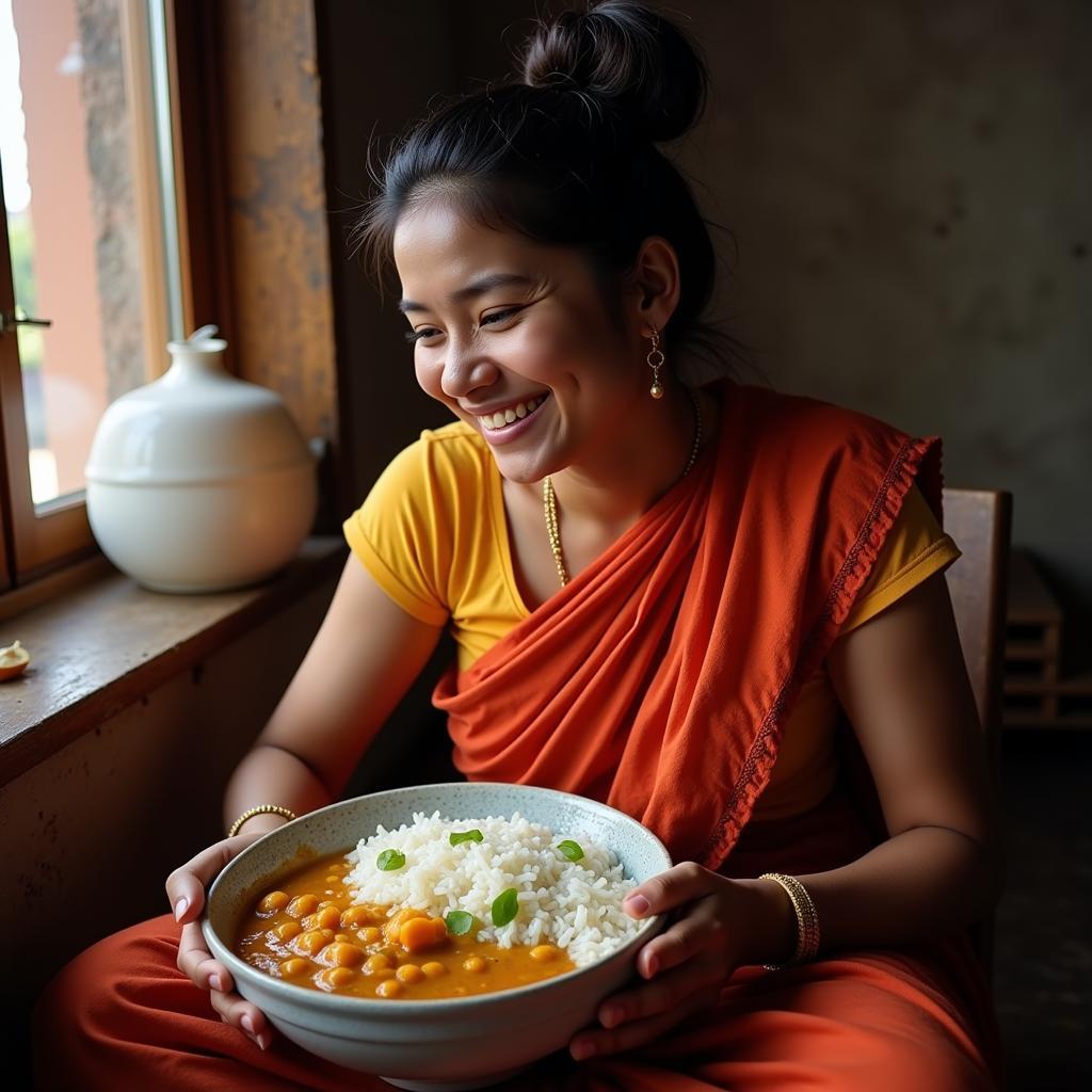 An Indian mother sits comfortably, enjoying a bowl of nourishing postpartum food.