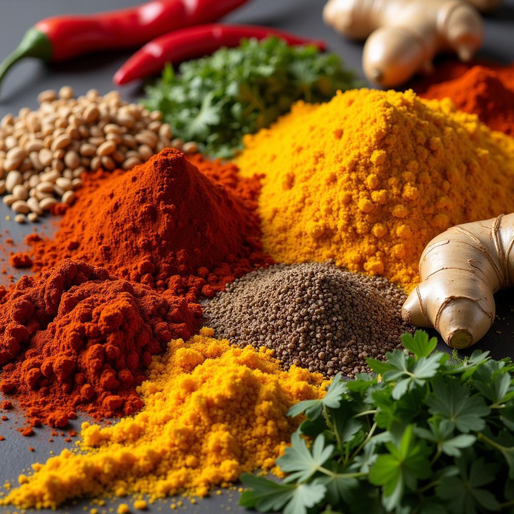 Assortment of colorful Indian spices and herbs