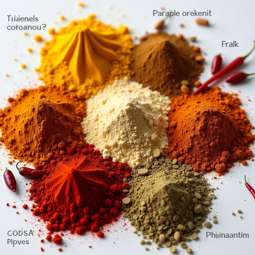 An assortment of colorful spices commonly used in Indian cuisine, found in Freehold restaurants