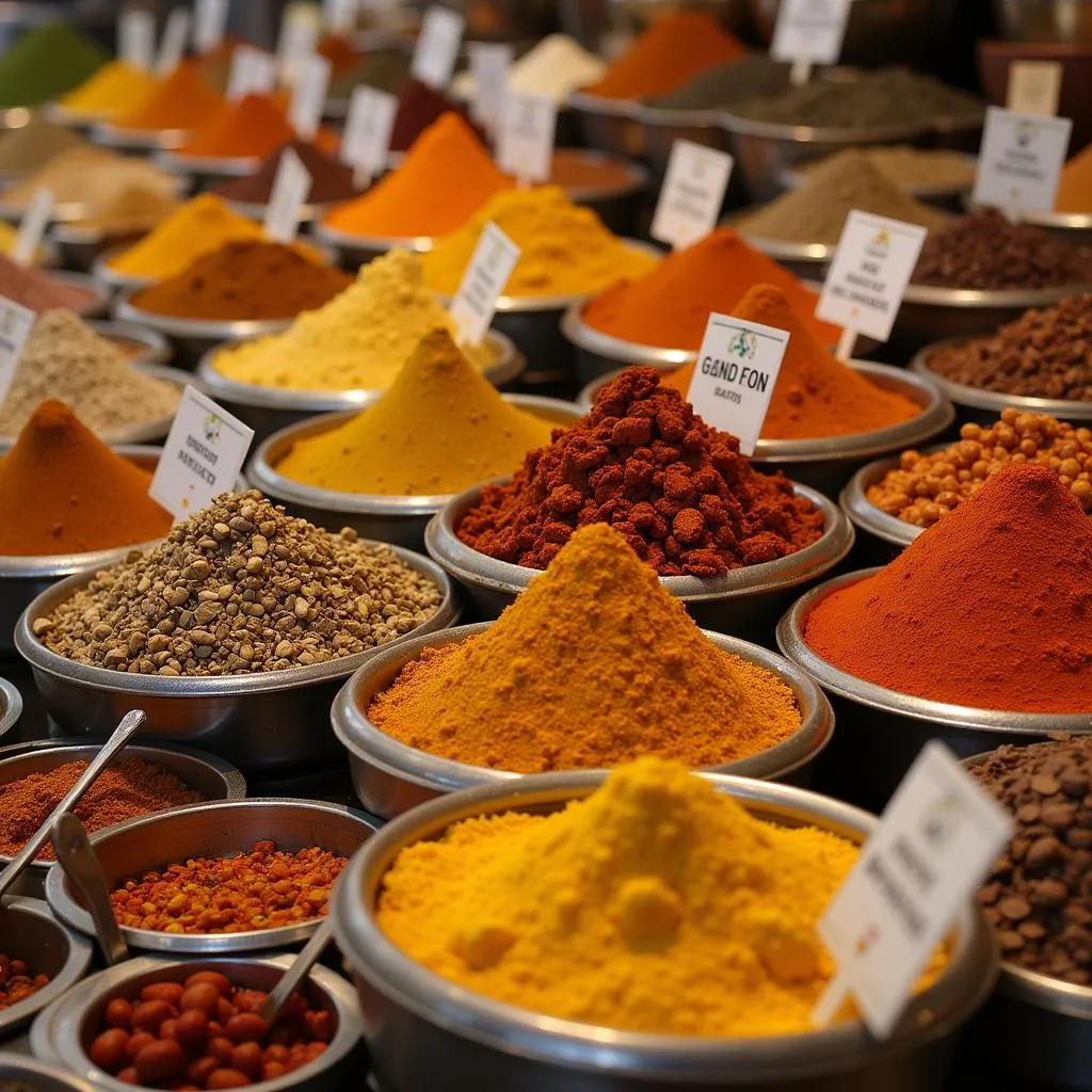 A colorful display of spices in an Indian food store in Portland, Oregon, with labels indicating their names and uses.