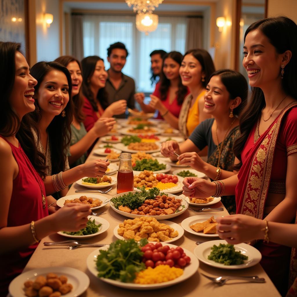 Indian wedding guests enjoying a traditional vegetarian meal together