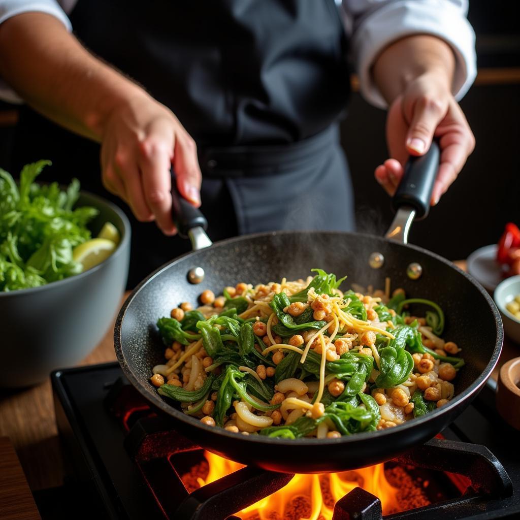 A wok sizzling with spices as kangkung is being stir-fried.