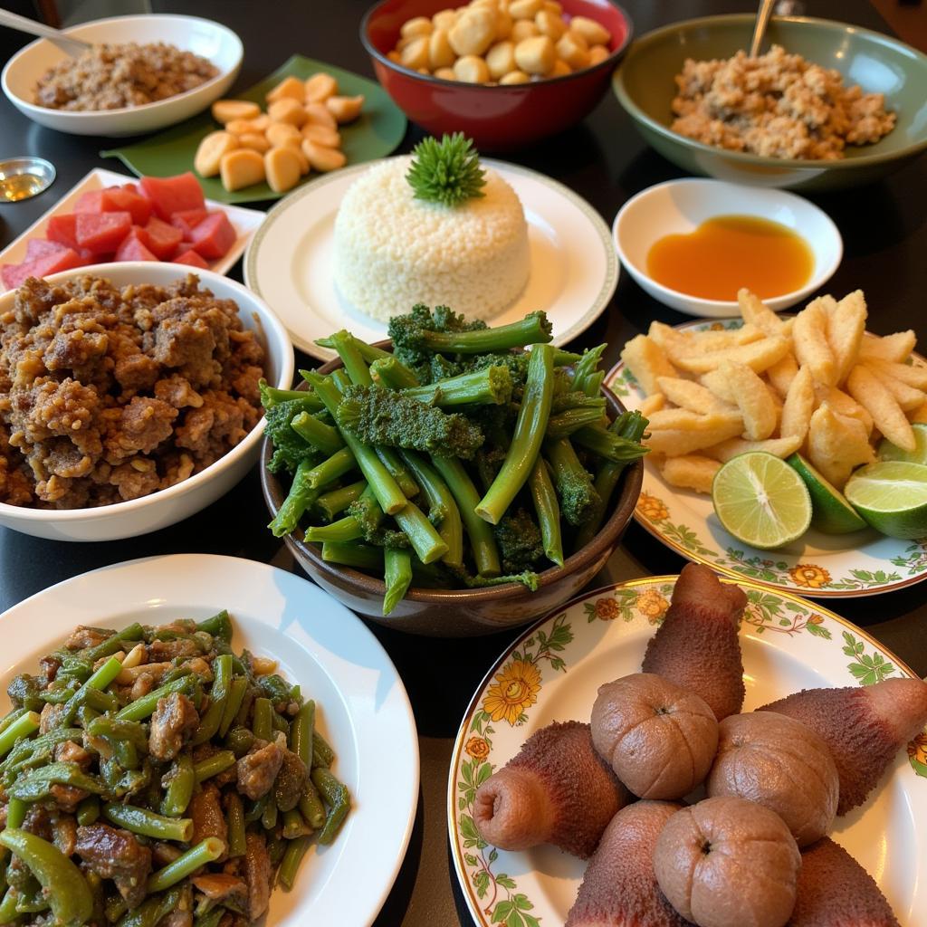 A table laden with an assortment of Indonesian dishes, with kangkung stir-fry as a prominent side dish.