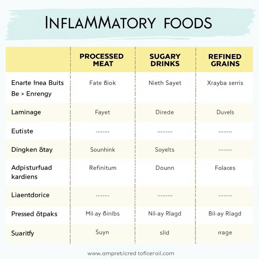 A table showcasing common inflammatory foods like processed meats, sugary drinks, and refined grains.