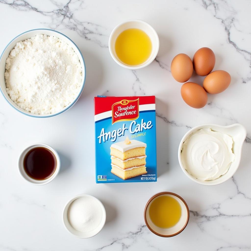 Various ingredients for angel food cake cheesecake arranged on a marble countertop.