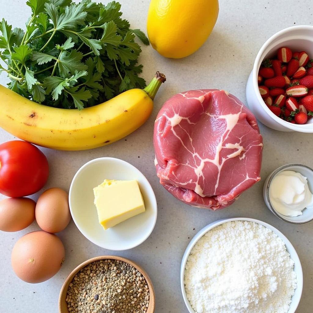 A variety of fresh ingredients laid out for preparing a balanced homemade dog food recipe.