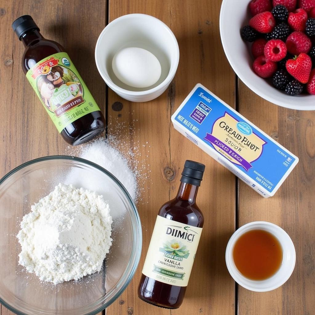 Ingredients for angel food cheesecake arranged on a table