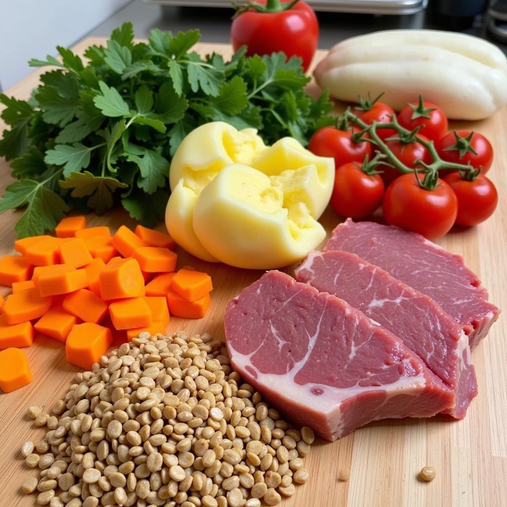 Fresh ingredients for homemade dog food arranged on a kitchen counter