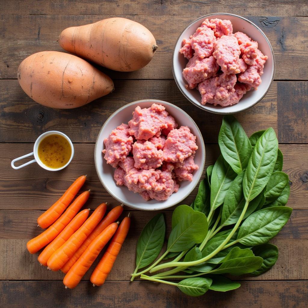 Fresh ingredients for homemade pork dog food.