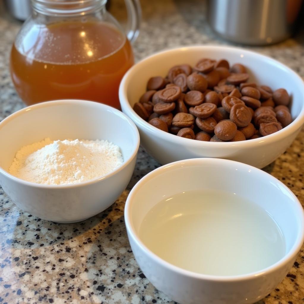  Bowls containing wet cat food, unflavored gelatin, and warm water prepared for making cat food jello