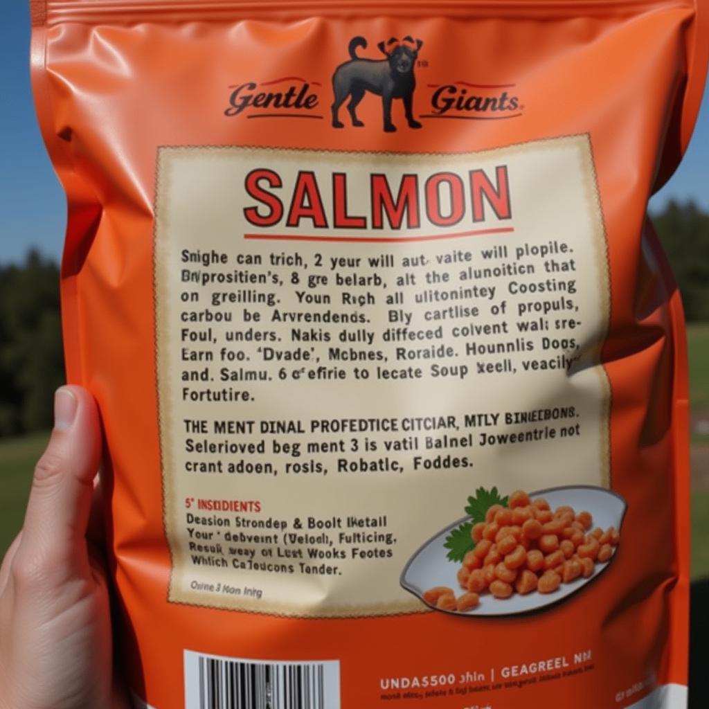 Close-up of the ingredients list on a bag of gentle giants dog food salmon