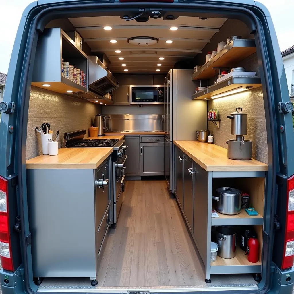 A well-organized and efficient kitchen setup inside a van food truck.