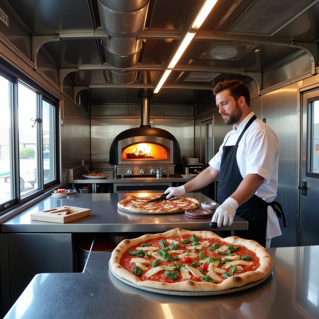 Well-organized stainless steel kitchen inside a pizza food trailer