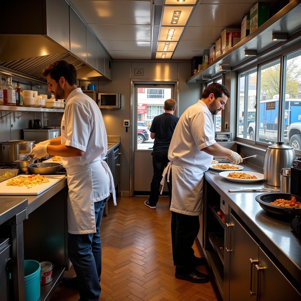 Busy chefs preparing food inside the Cheezepanzee food truck