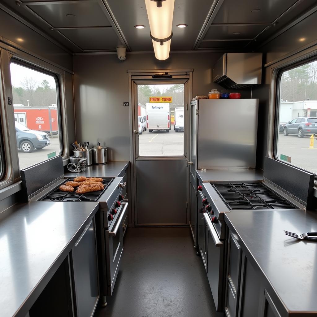 Inside view of a modern food truck kitchen