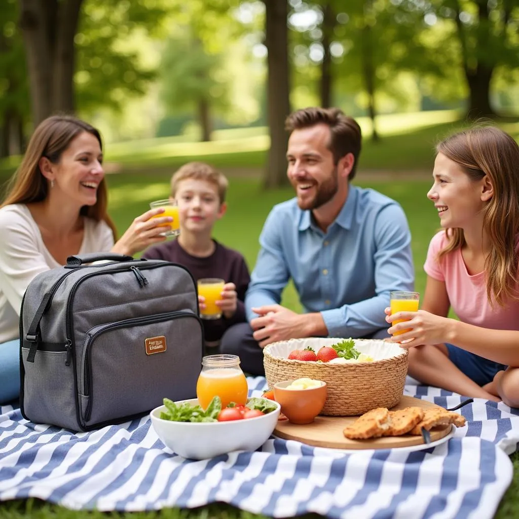 Family enjoying picnic with food in insulated carrier