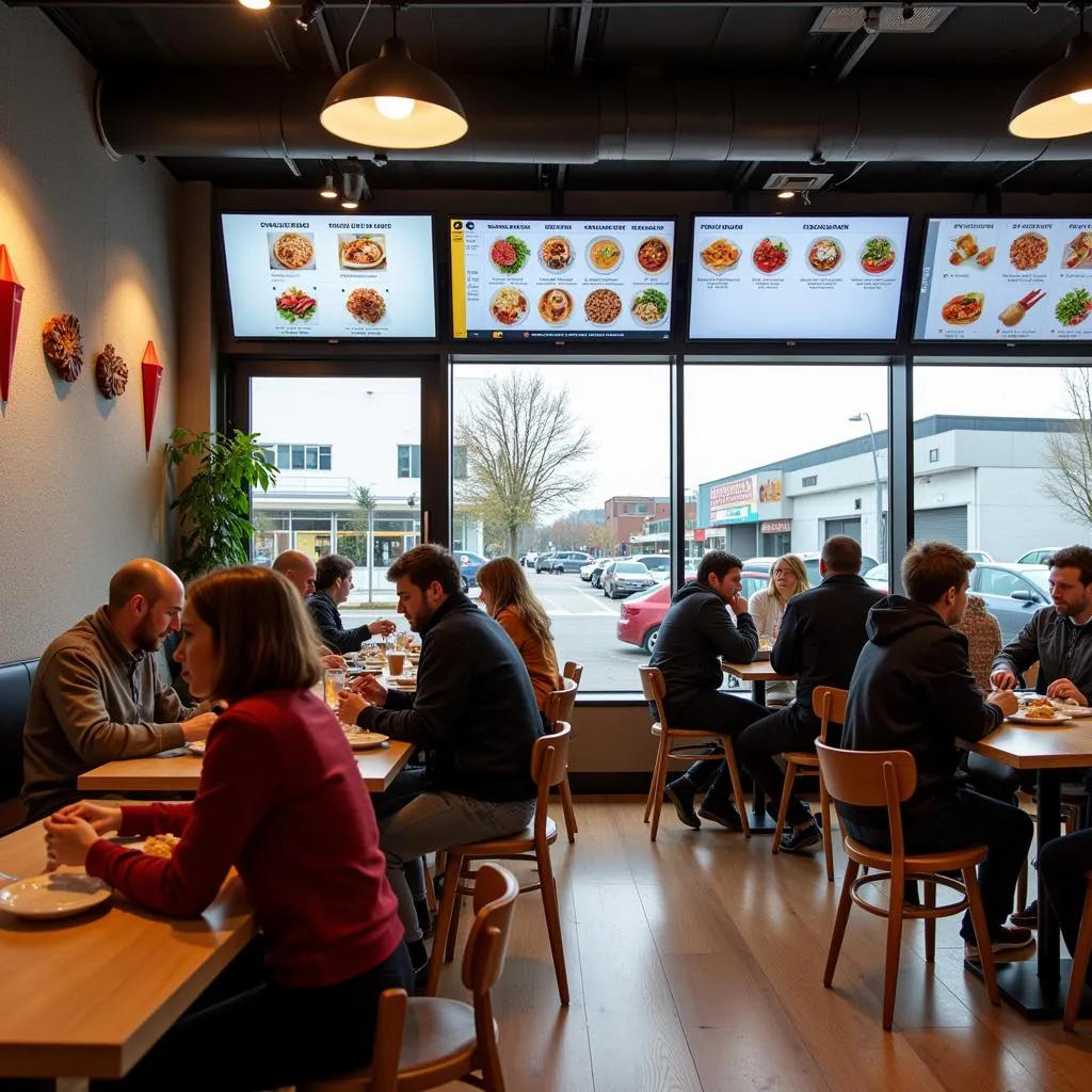 A vibrant and modern interior of an Icelandic fast food restaurant with customers enjoying their meals