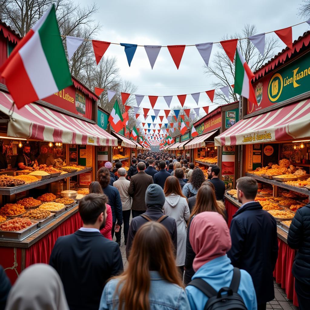 Attendees exploring international food stalls at PF&G