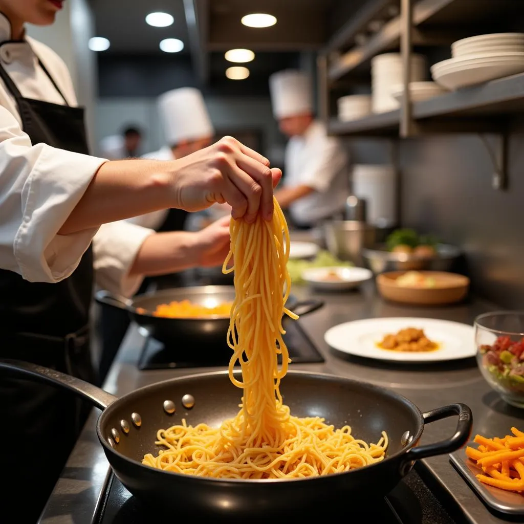 A skilled Italian chef preparing a pasta dish for a catering event