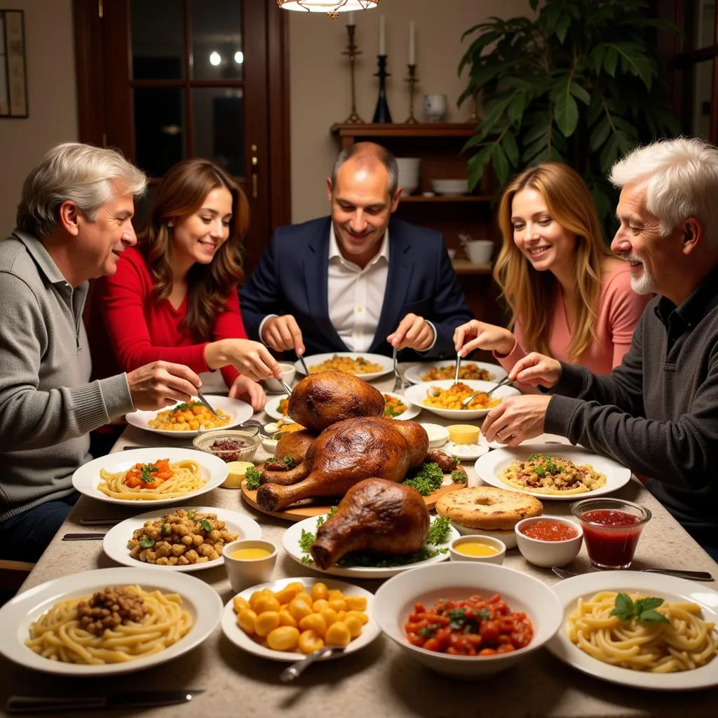 An Italian family shares a meal with a variety of contorni