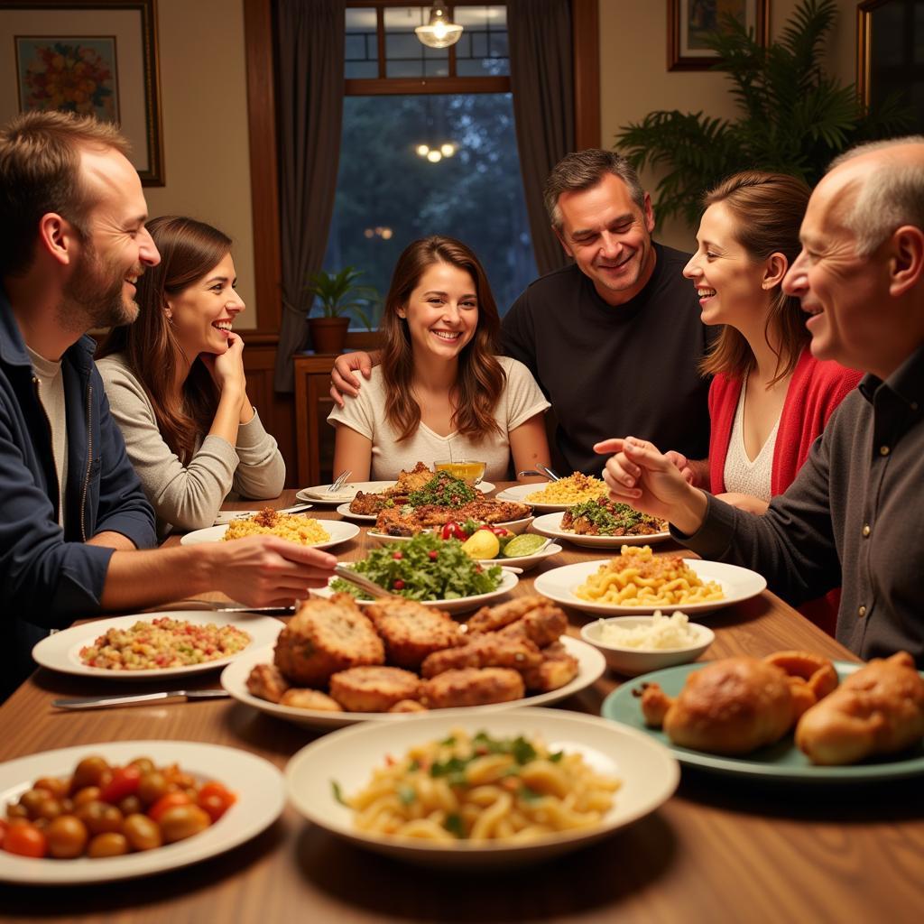 A Joyous Family Gathering Around a Table Laden with Italian Food