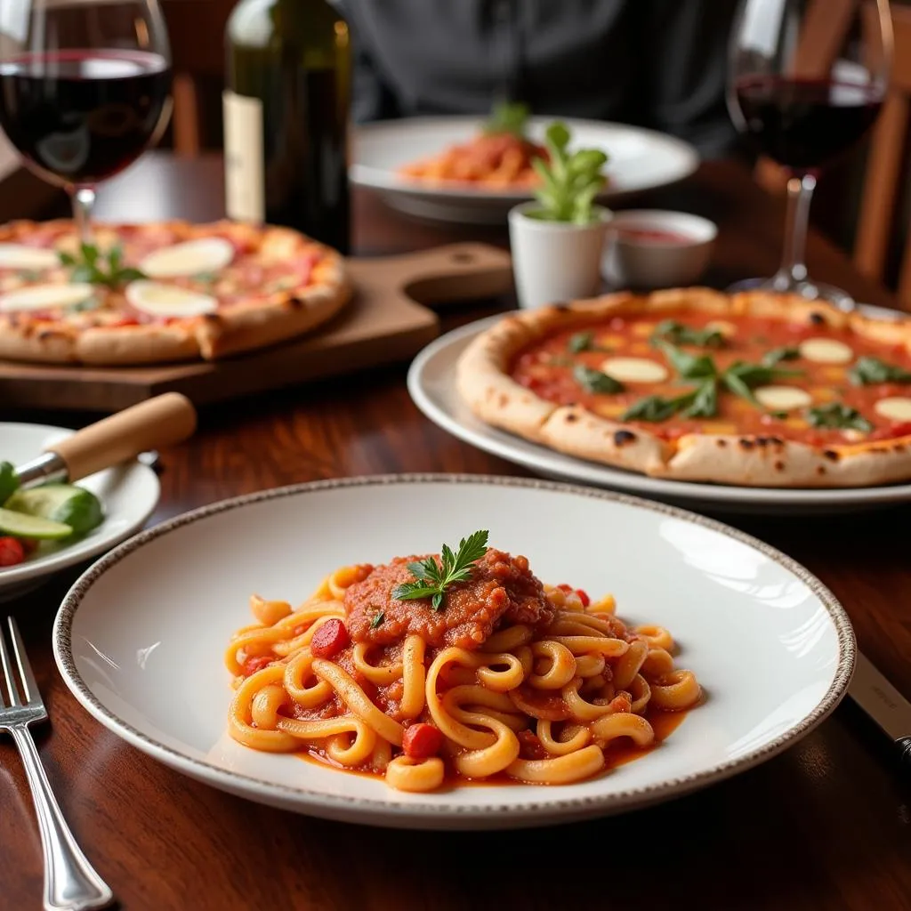 A table setting with a variety of Italian dishes in McKinney, including pasta, pizza, and a glass of red wine.