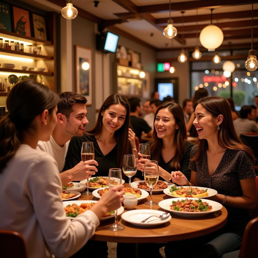 A group of friends enjoying a variety of Italian dishes, including pasta, pizza, and wine, in a restaurant setting in McKinney, TX. 