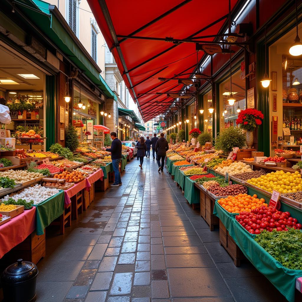 A bustling outdoor market with stalls selling various GVS Italian street food, ingredients, and local products