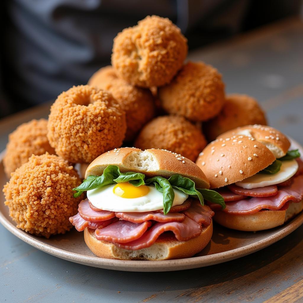 A platter of assorted GVS Italian street food, including arancini, porchetta, and lampredotto