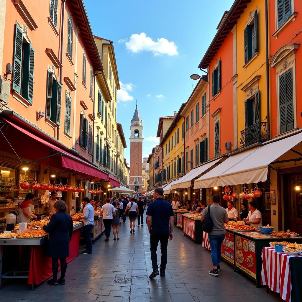 Bustling street scene with various vendors selling GVS Italian street food