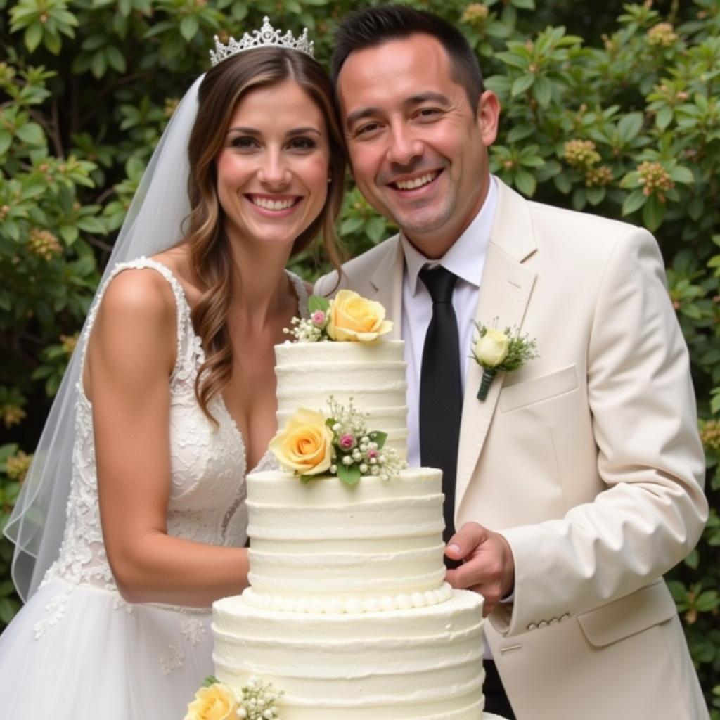 A newlywed couple cutting their Italian wedding cake