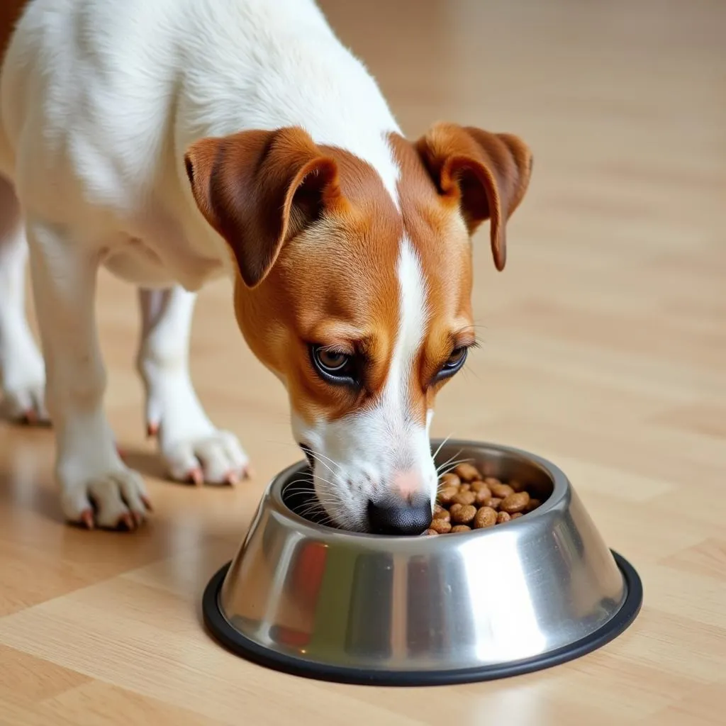 Jack Russell Terrier happily eating from a dog bowl