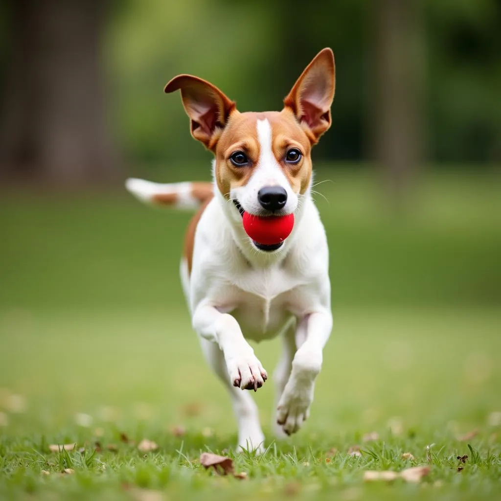 Jack Russell Terrier playing fetch in the park