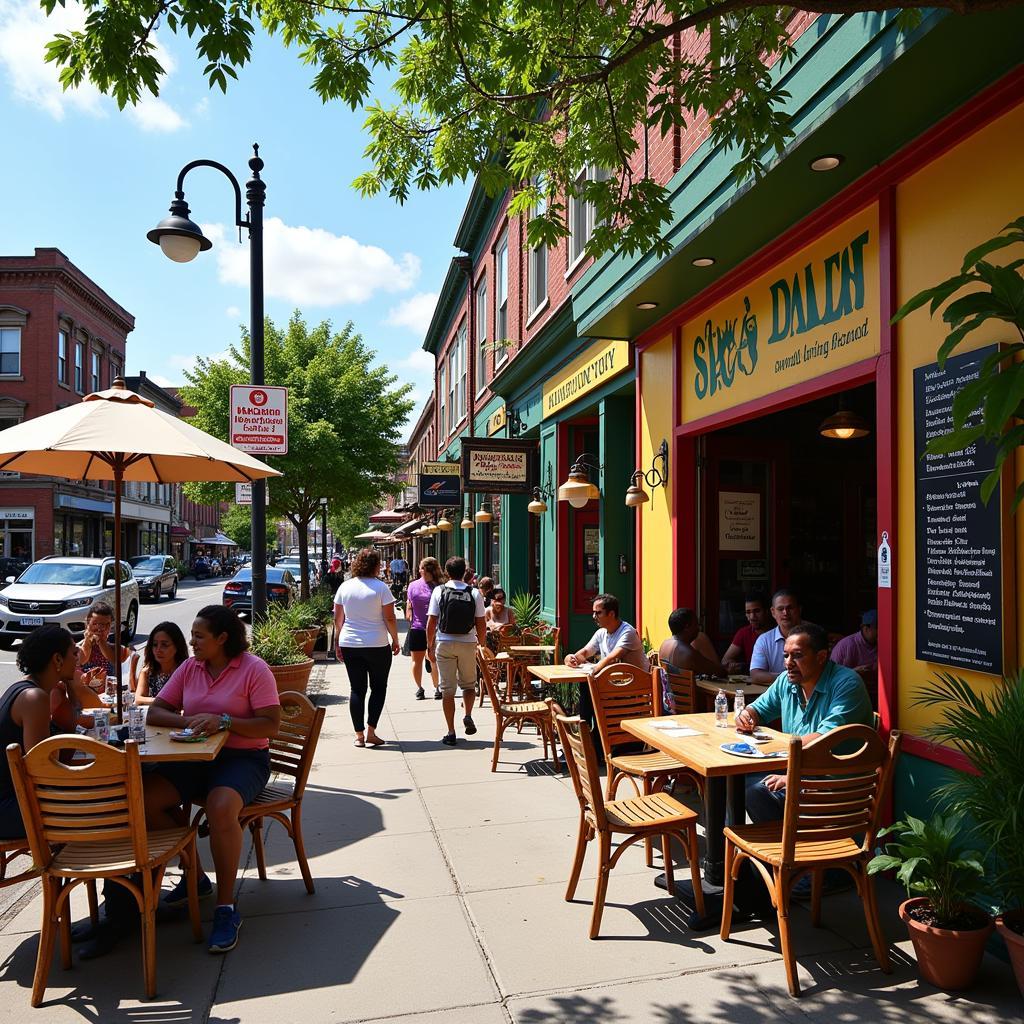 The exterior of a bustling Jamaican restaurant on Main St.